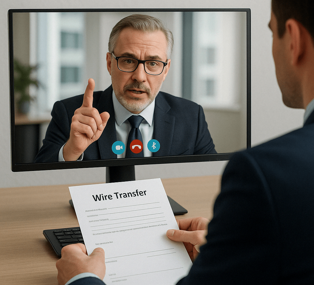 Deepfakes - gefälschter Video-Call eines Finanzleiters In einer gefälschten Videokonferenz weist ein vermeintlicher Geschäftsführer seinen Mitarbeiter an, eine Geldüberweisung an einen Lieferanten vorzunehmen – ein typisches Beispiel für Deepfake-Betrug im Unternehmen.