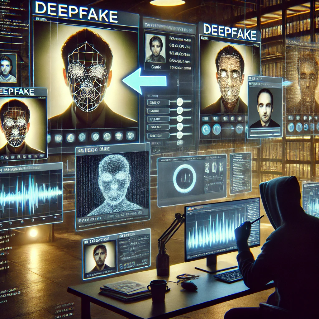 A conceptual illustration of the deepfake creation process for a fraudulent video call. The image shows a hacker in a dimly lit room using AI software Ein Hacker sitzt in einem dunklen Raum vor mehreren Monitoren und erstellt mithilfe künstlicher Intelligenz ein Deepfake-Video, das das Gesicht einer Führungskraft imitiert.