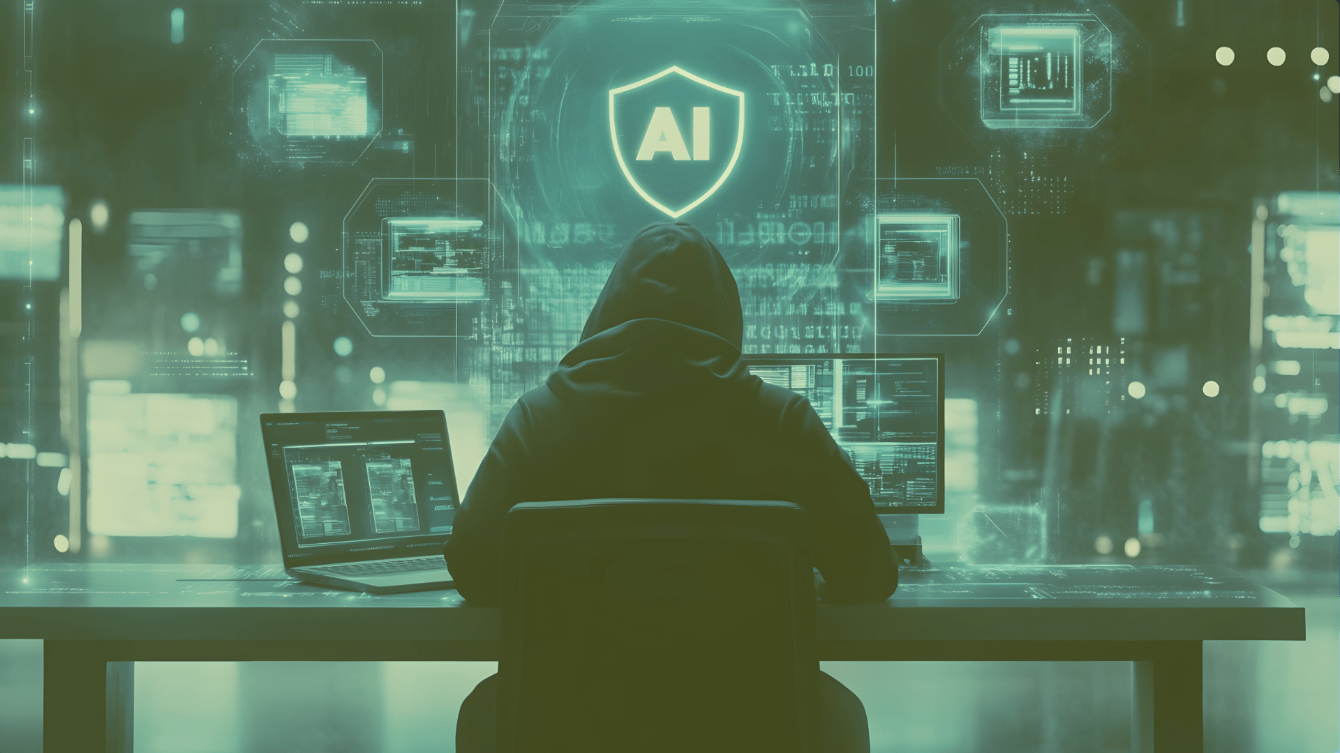 KI_cyberkriminalitaet_gruen Grüne digitale Illustration, die AI und Cyberkriminalität beschreiben