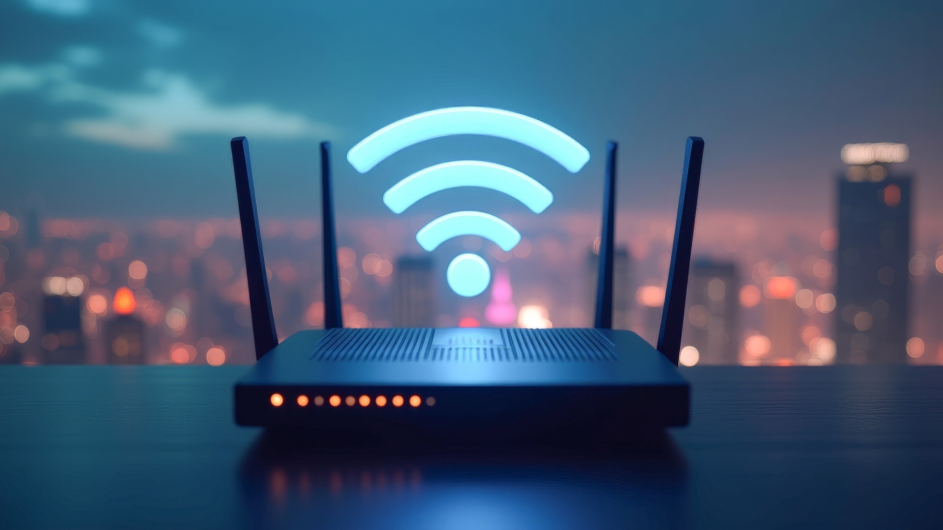 router - unsicheres Unternehmens-Netzwerk Bläuliches Bild mit einem Router vor einem Glasfenster - symbolisch für ungesicherte Netzwerke, die dazu führen, dass Unternehmen gehackt werden.