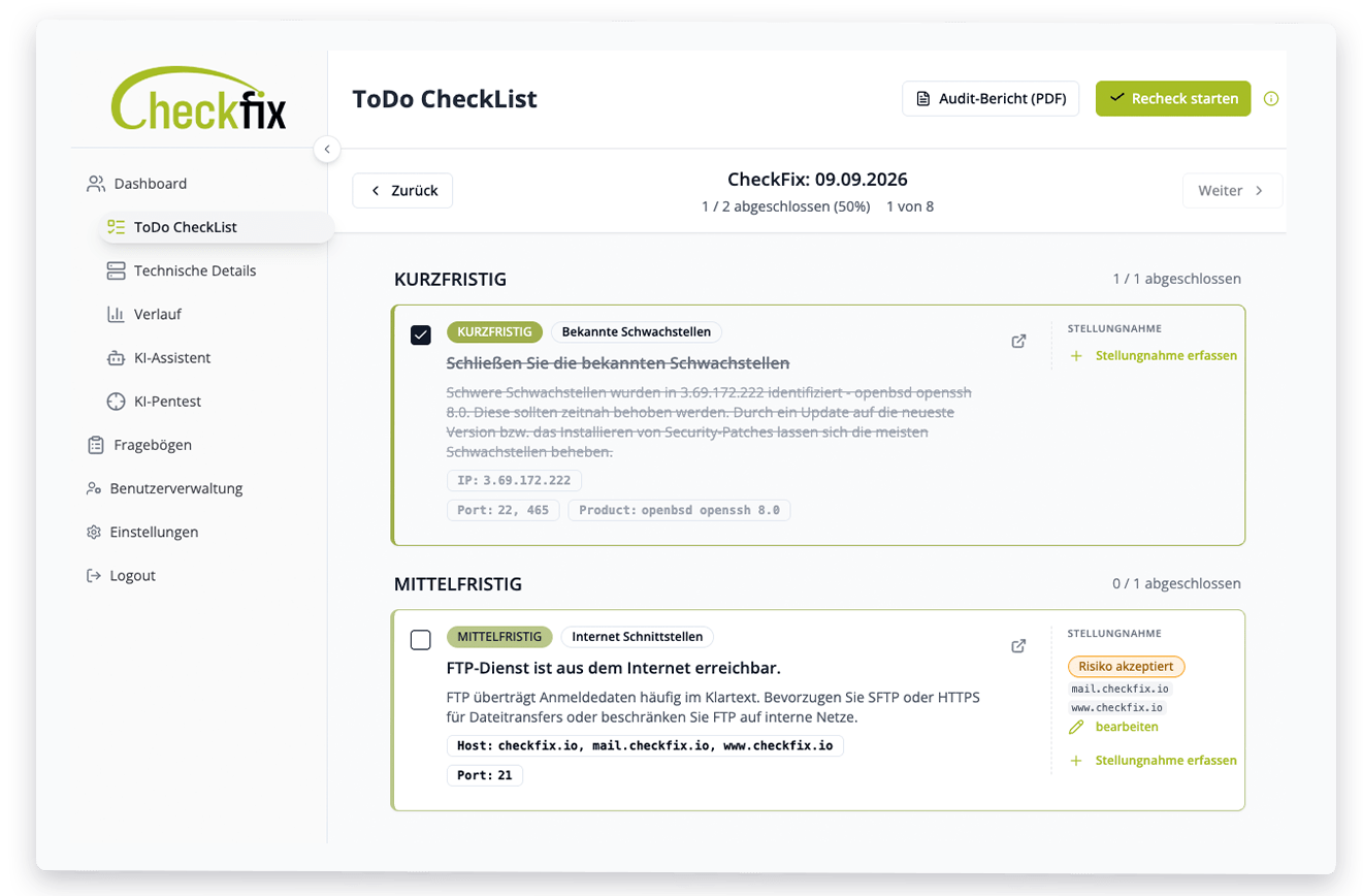 CheckFix ToDo CheckList im Dashboard mit priorisierten Findings und Risiko-Stellungnahmen für den Audit-Bericht