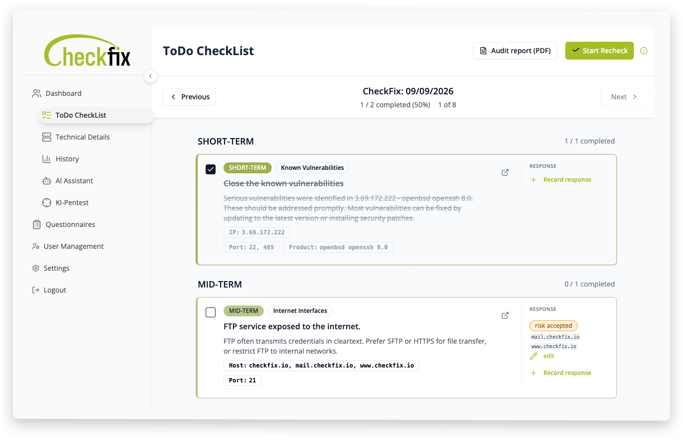 CheckFix ToDo CheckList in the dashboard with prioritized findings and risk statements for the audit report